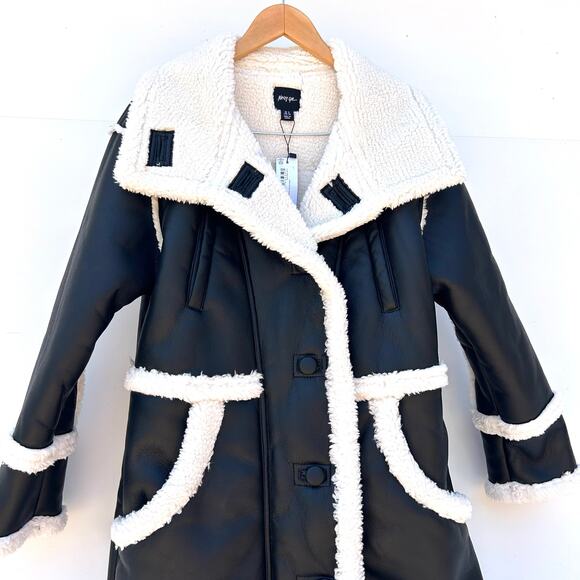 New Nasty Gal Longline Faux Leather Aviator Coat Jacket Black 4 Shearling - Picture 6 of 13